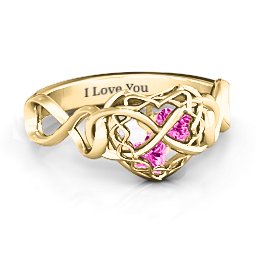 My Infinite Love Caged Hearts Ring in 9K Solid Yellow Gold with Pink Tourmaline