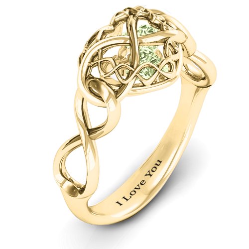 My Infinite Love Caged Hearts Ring – 9kt Yellow Gold with Peridot