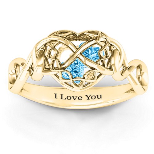 My Infinite Love Caged Hearts Ring – 9kt Yellow Gold with Blue Topaz