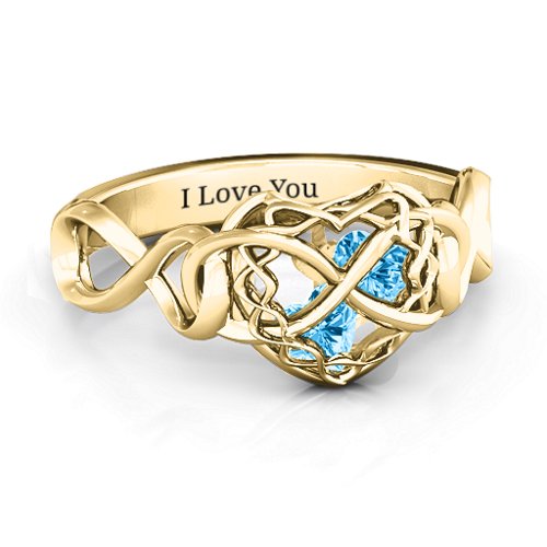 My Infinite Love Caged Hearts Ring – 9kt Yellow Gold with Blue Topaz