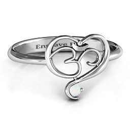 Spiritual Heart Om Ring in 925 Sterling Silver with Opal