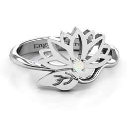 Leaves and Lotus Wrap Ring in 925 Sterling Silver with Opal