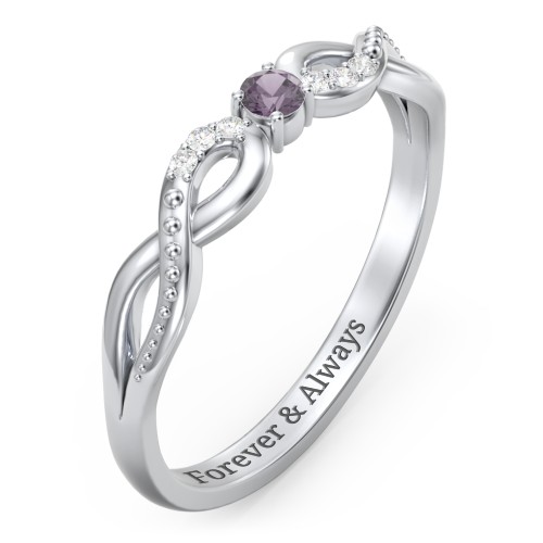 Double Infinity Gemstone Ring with Accents – Sterling Silver with Alexandrite and Lab Diamond