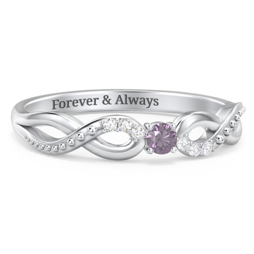 Double Infinity Gemstone Ring with Accents – Sterling Silver with Alexandrite and Lab Diamond
