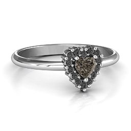 Heart with Halo Promise Ring in 925 Sterling Silver with Smokey Quartz and Black Premium Zirconia