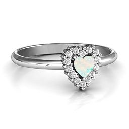 Heart with Halo Promise Ring in 925 Sterling Silver with Opal and White Premium Zirconia