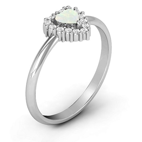 Heart with Halo Promise Ring – Sterling Silver with Opal and White Premium Zirconia