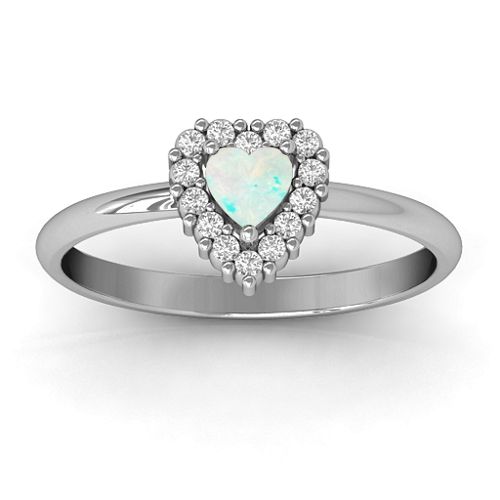 Heart with Halo Promise Ring – Sterling Silver with Opal and White Premium Zirconia