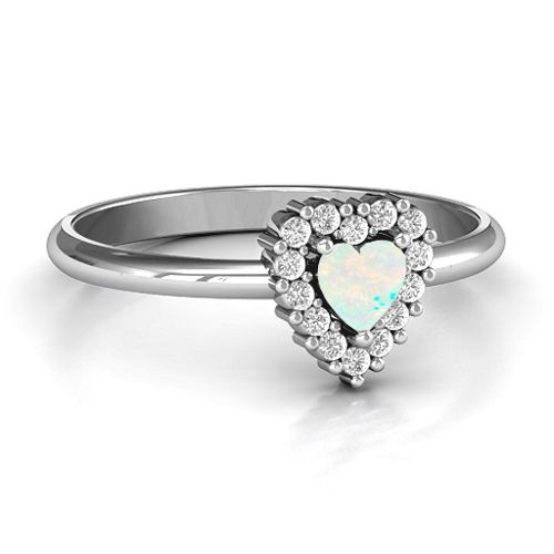 Heart with Halo Promise Ring – Sterling Silver with Opal and White Premium Zirconia