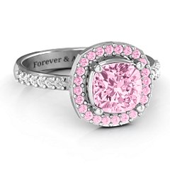 Cushion Cut Statement Ring with Halo – Sterling Silver with Fancy Pink Premium Zirconia and White Premium Zirconia