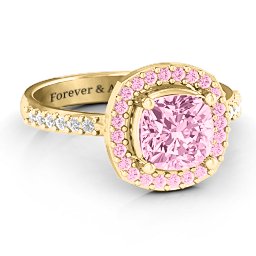 Cushion Cut Statement Ring with Halo in 9K Solid Yellow Gold with Fancy Pink Premium Zirconia and White Premium Zirconia