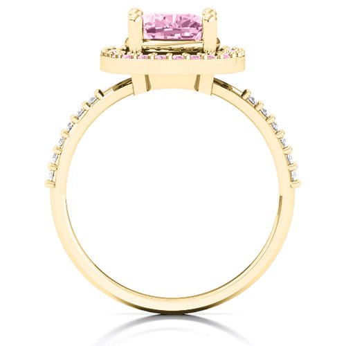 Cushion Cut Statement Ring with Halo – 9kt Yellow Gold with Fancy Pink Premium Zirconia and White Premium Zirconia
