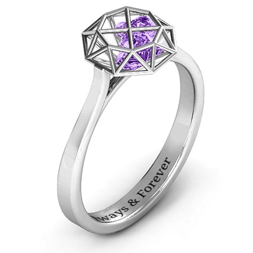 Diamond Cage Ring with Encased Heart Stones – Sterling Silver with Amethyst