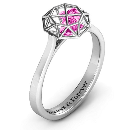 Diamond Cage Ring with Encased Heart Stones – Sterling Silver with Pink Tourmaline