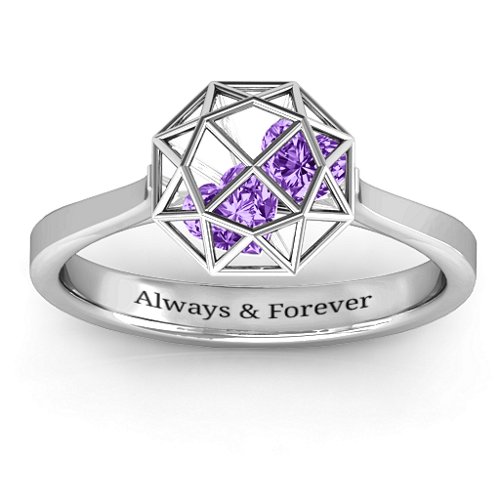 Diamond Cage Ring with Encased Heart Stones – Sterling Silver with Amethyst