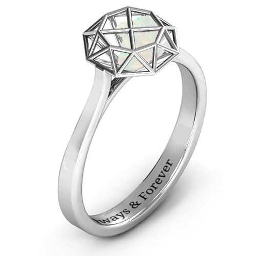 Diamond Cage Ring with Encased Heart Stones – Sterling Silver with Opal