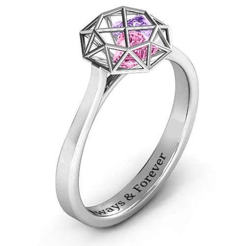 Diamond Cage Ring with Encased Heart Stones – Sterling Silver with Pink Tourmaline and Amethyst