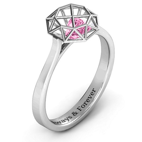 Diamond Cage Ring with Encased Heart Stones – Sterling Silver with Pink Tourmaline