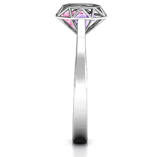 Diamond Cage Ring with Encased Heart Stones – Sterling Silver with Pink Tourmaline and Amethyst