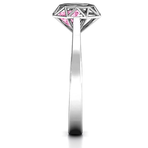 Diamond Cage Ring with Encased Heart Stones – Sterling Silver with Pink Tourmaline