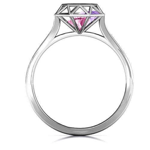 Diamond Cage Ring with Encased Heart Stones – Sterling Silver with Pink Tourmaline and Amethyst