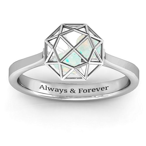Diamond Cage Ring with Encased Heart Stones – Sterling Silver with Opal