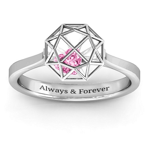 Diamond Cage Ring with Encased Heart Stones – Sterling Silver with Pink Tourmaline