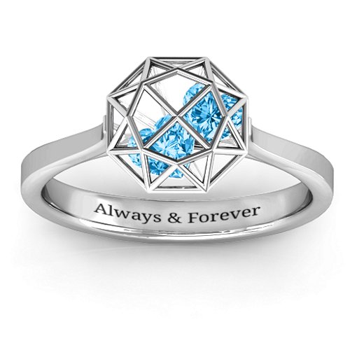 Diamond Cage Ring with Encased Heart Stones – Sterling Silver with Blue Topaz