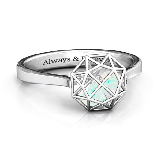 Diamond Cage Ring with Encased Heart Stones – Sterling Silver with Opal