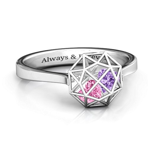 Diamond Cage Ring with Encased Heart Stones – Sterling Silver with Pink Tourmaline and Amethyst