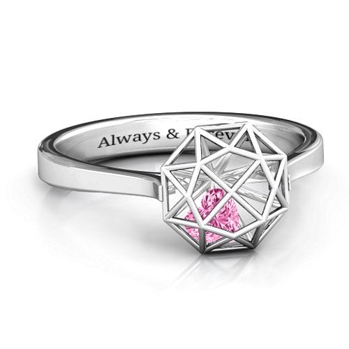 Diamond Cage Ring with Encased Heart Stones – Sterling Silver with Pink Tourmaline