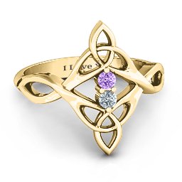 Celtic Sparkle Ring with Interwoven Infinity Band in 9K Solid Yellow Gold with Amethyst and Cubic Zirconia