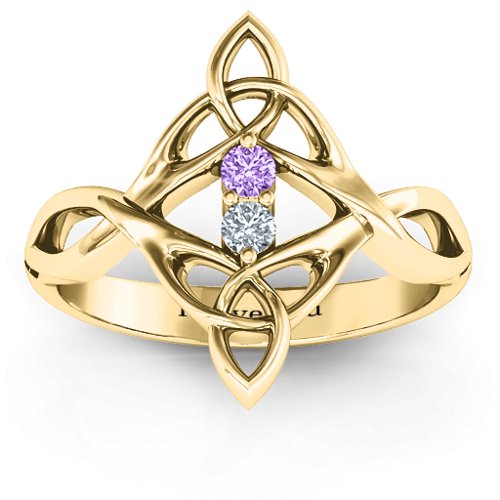 Celtic Sparkle Ring with Interwoven Infinity Band – 9kt Yellow Gold with Amethyst and Cubic Zirconia