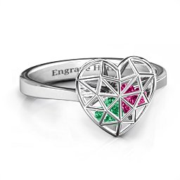 Diamond Heart Cage Ring With Encased Heart Stones in 925 Sterling Silver with Emerald and Ruby