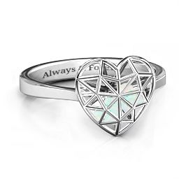 Diamond Heart Cage Ring With Encased Heart Stones in 925 Sterling Silver with Opal and Ruby