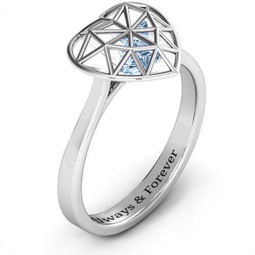 Diamond Heart Cage Ring With Encased Heart Stones – Sterling Silver with Aquamarine