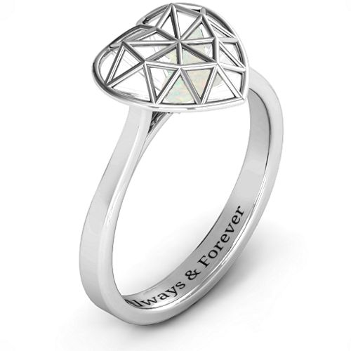 Diamond Heart Cage Ring With Encased Heart Stones – Sterling Silver with Opal