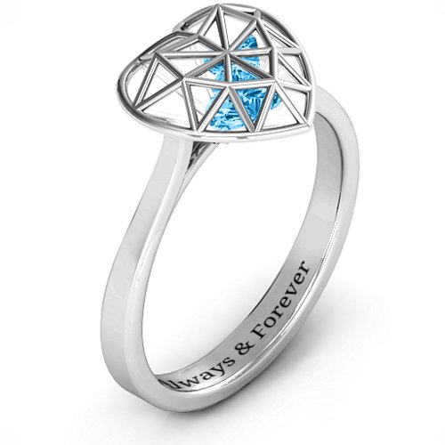 Diamond Heart Cage Ring With Encased Heart Stones – Sterling Silver with Blue Topaz