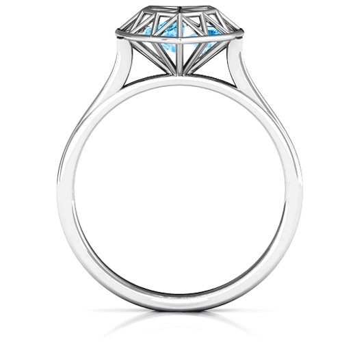 Diamond Heart Cage Ring With Encased Heart Stones – Sterling Silver with Blue Topaz