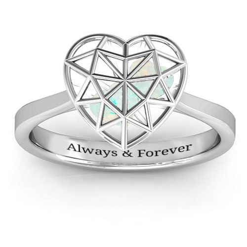 Diamond Heart Cage Ring With Encased Heart Stones – Sterling Silver with Opal