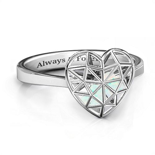 Diamond Heart Cage Ring With Encased Heart Stones – Sterling Silver with Opal