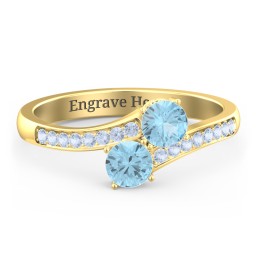 Two Stone Ring With Sparkling Accents And Filigree Settings in 18K Gold Plated Silver with Blue Topaz and Fancy Blue Premium Zirconia