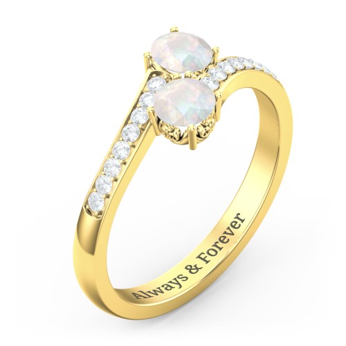 Two Stone Ring With Sparkling Accents And Filigree Settings – 18K Gold Plated Silver with Opal and White Premium Zirconia