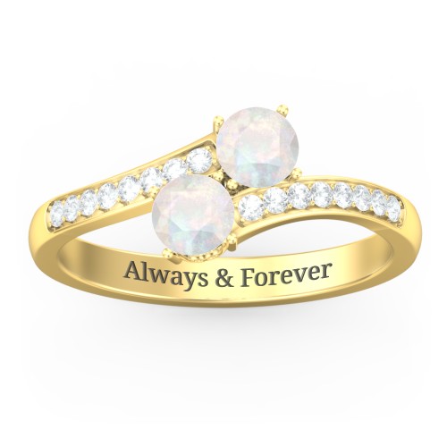 Two Stone Ring With Sparkling Accents And Filigree Settings – 18K Gold Plated Silver with Opal and White Premium Zirconia