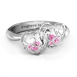 Double Heart Cage Ring with 1-6 Heart Shaped Birthstones