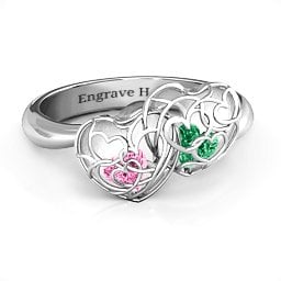 Double Heart Cage Ring with 1-6 Heart Shaped Birthstones