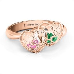 Double Heart Cage Ring with 1-6 Heart Shaped Birthstones