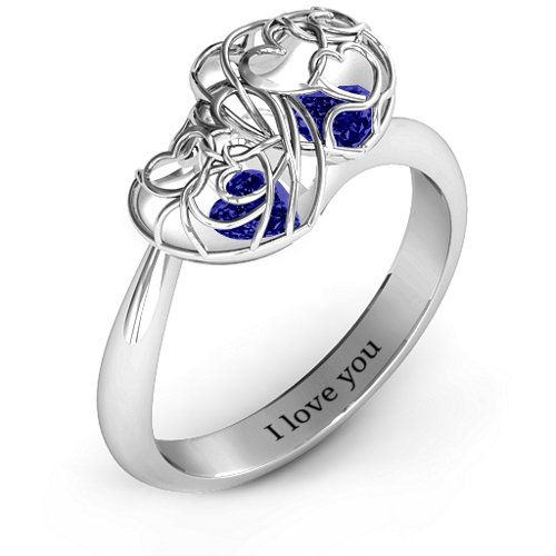 Double Heart Cage Ring with 1-6 Heart Shaped Birthstones