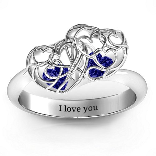 Double Heart Cage Ring with 1-6 Heart Shaped Birthstones