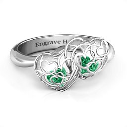 Double Heart Cage Ring with 1-6 Heart Shaped Birthstones in 925 Sterling Silver with Emerald